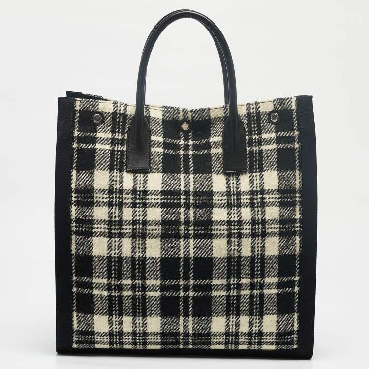 Pre Owned Saint Laurent Black/Cream Checkered Tweed Rive Gauche Vertical Tote
