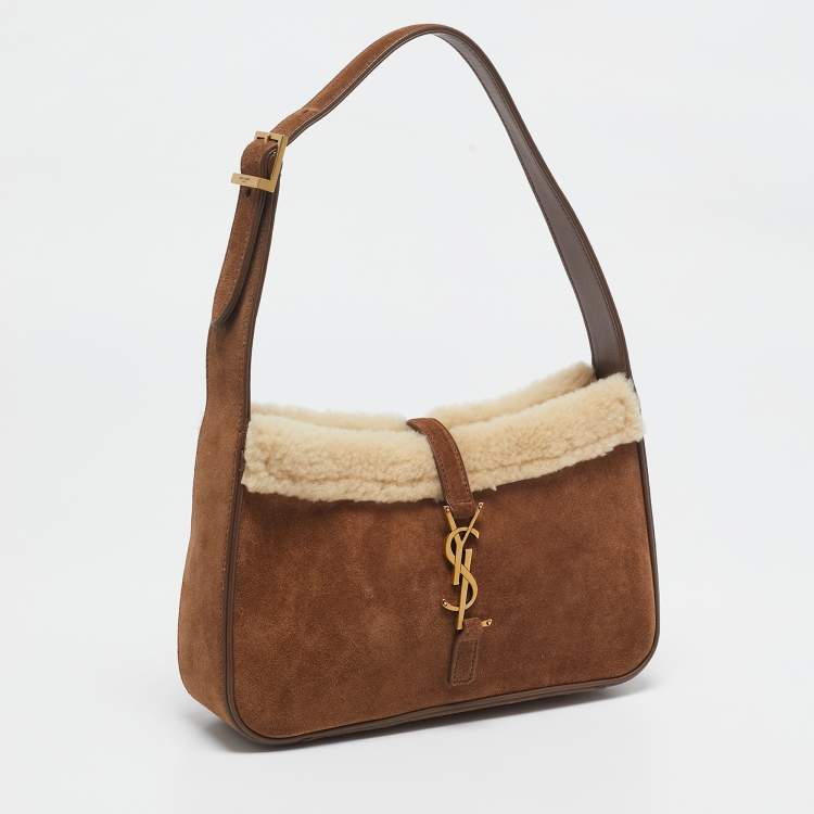 Pre Owned Saint Laurent Brown Suede and Shearling LE 5 À 7 Shoulder Bag