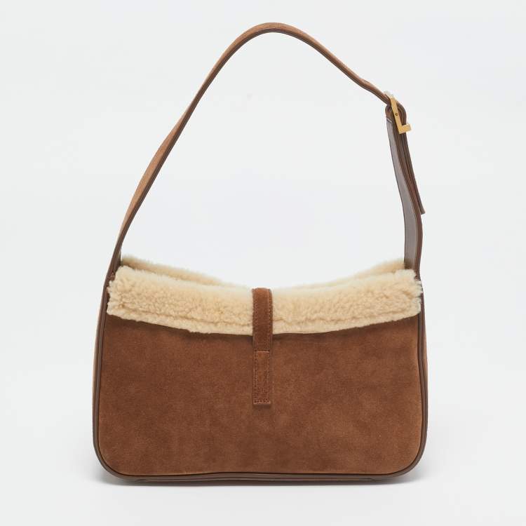 Pre Owned Saint Laurent Brown Suede and Shearling LE 5 À 7 Shoulder Bag