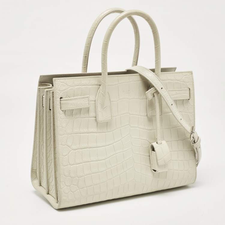 Pre Owned Saint Laurent White Croc Embossed Leather Baby Classic Sac De Jour Tote