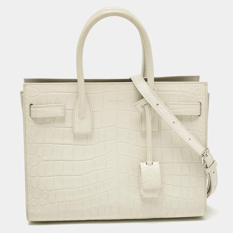 Pre Owned Saint Laurent White Croc Embossed Leather Baby Classic Sac De Jour Tote