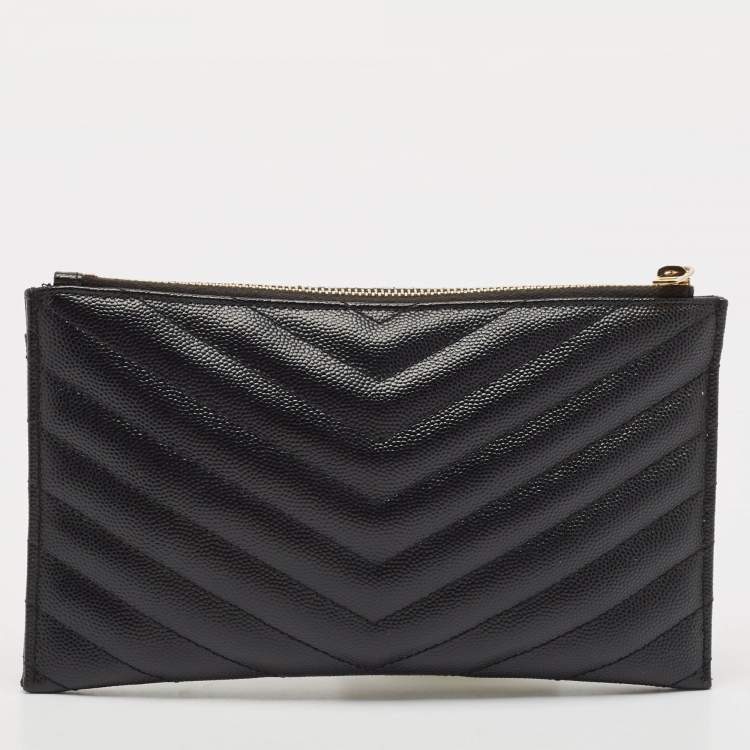 مملوكة مسبقًا Saint Laurent Black Matelassé Leather Monogram Zip Pouch