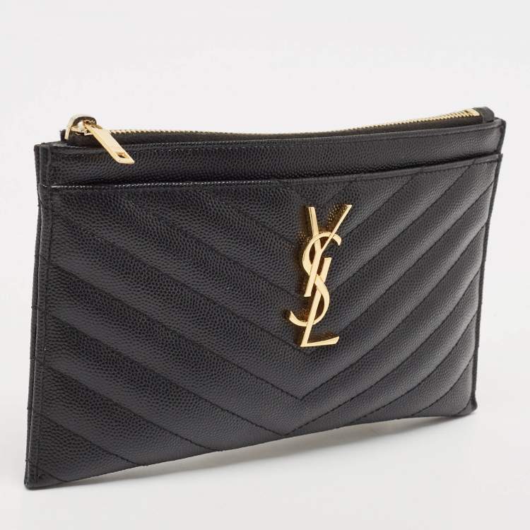 مملوكة مسبقًا Saint Laurent Black Matelassé Leather Monogram Zip Pouch