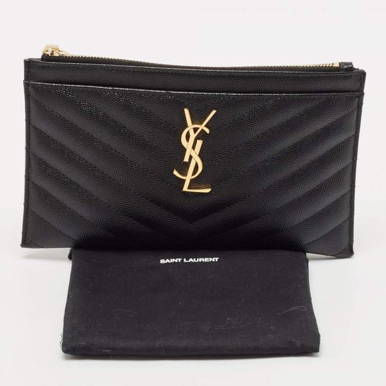 مملوكة مسبقًا Saint Laurent Black Matelassé Leather Monogram Zip Pouch