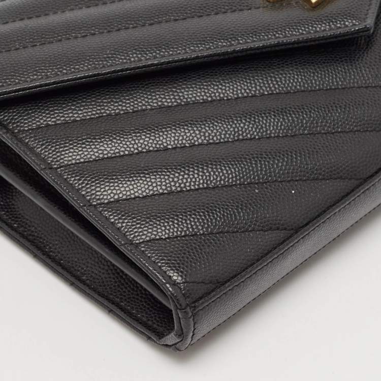 Pre Owned Saint Laurent Black Leather Matelasse Cassandre Envelope Wallet on Chain