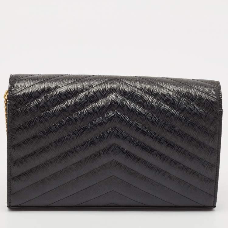 Pre Owned Saint Laurent Black Leather Matelasse Cassandre Envelope Wallet on Chain