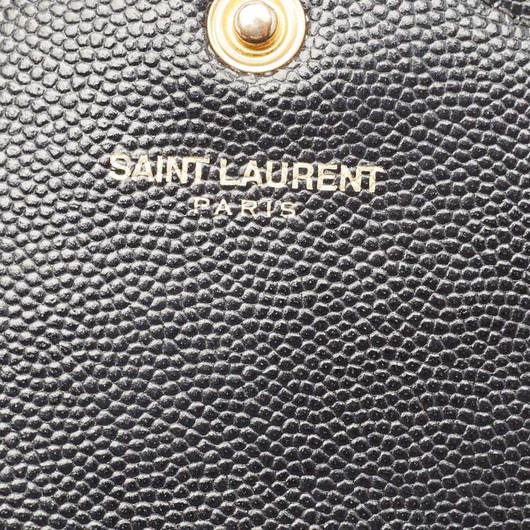 Pre Owned Saint Laurent Black Leather Matelasse Cassandre Envelope Wallet on Chain