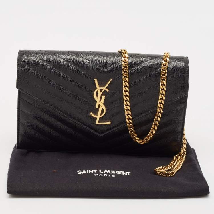 Pre Owned Saint Laurent Black Leather Matelasse Cassandre Envelope Wallet on Chain