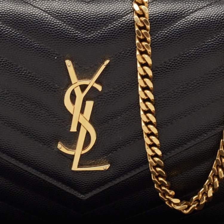 Pre Owned Saint Laurent Black Leather Matelasse Cassandre Envelope Wallet on Chain