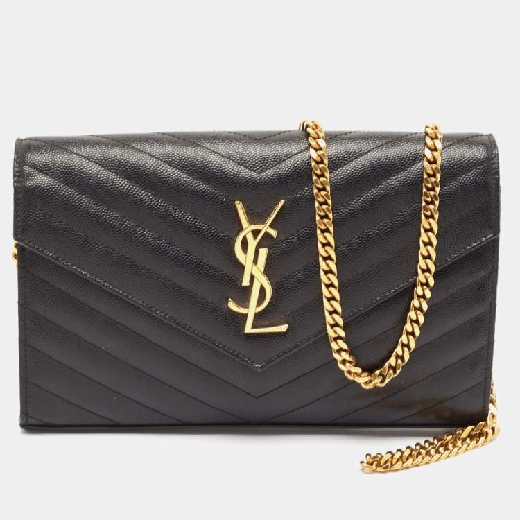 Pre Owned Saint Laurent Black Leather Matelasse Cassandre Envelope Wallet on Chain