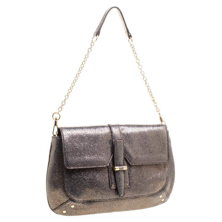 Pre Owned Saint Laurent Paris Metallic Grey Leather Emma Chain Shoulder Bag