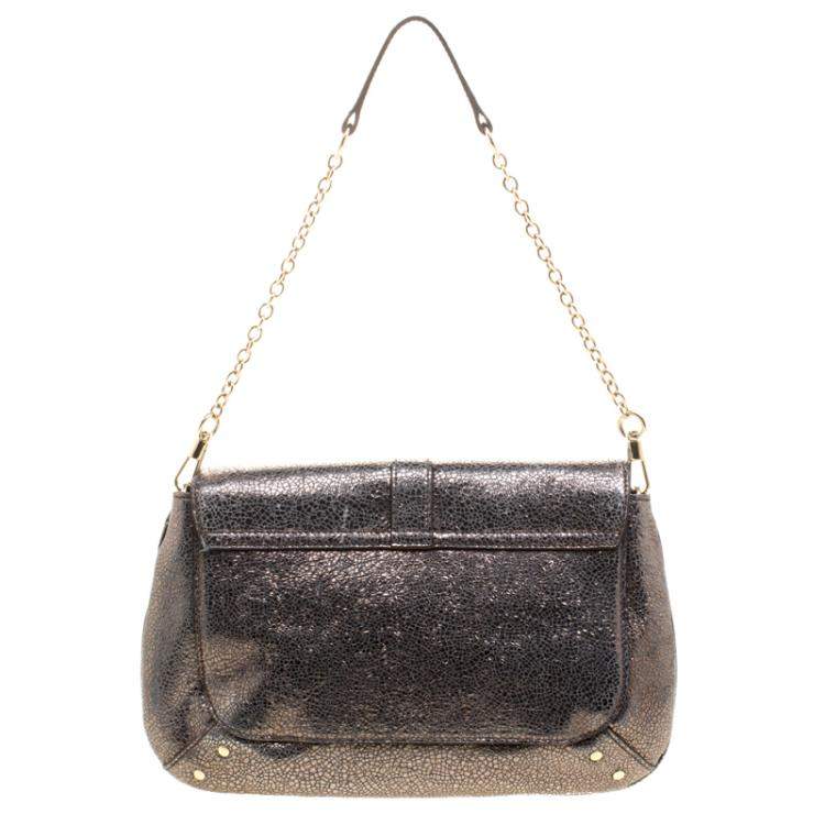 Pre Owned Saint Laurent Paris Metallic Grey Leather Emma Chain Shoulder Bag