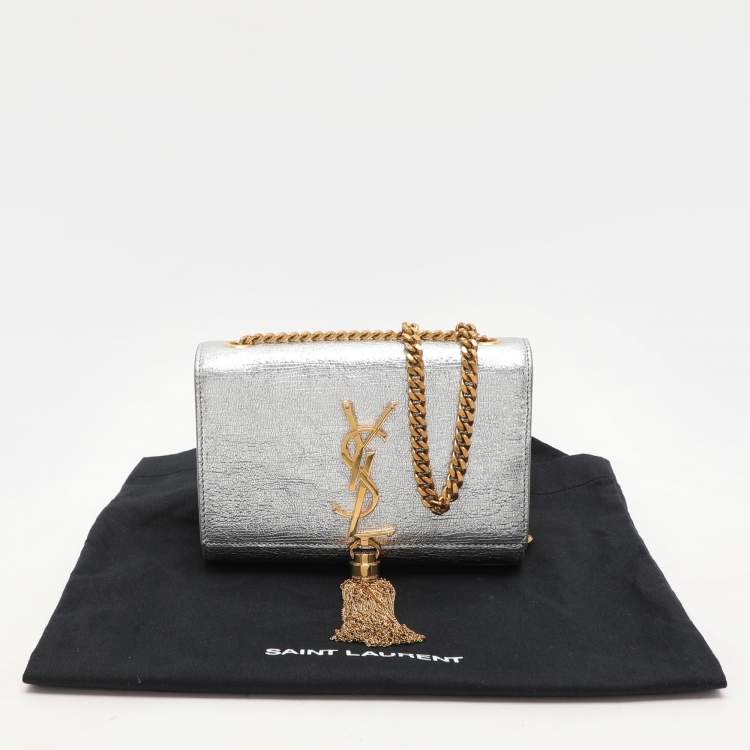 Pre Owned Saint Laurent Silver Textured Leather Small Monogram Kate Shoulder Bag