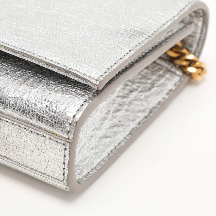 Pre Owned Saint Laurent Silver Textured Leather Small Monogram Kate Shoulder Bag