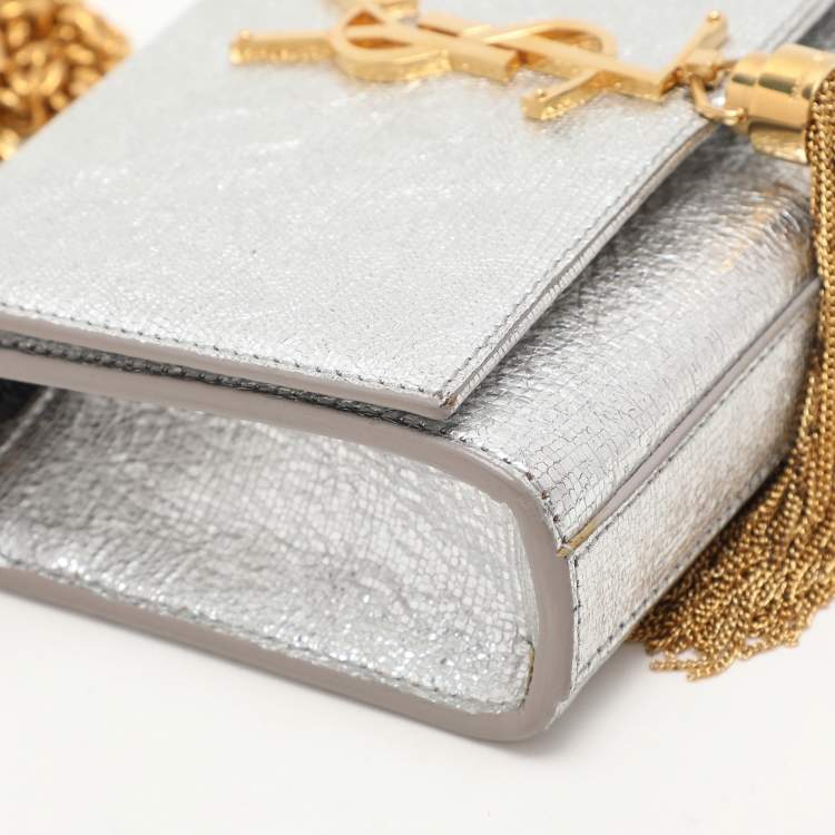 Pre Owned Saint Laurent Silver Textured Leather Small Monogram Kate Shoulder Bag
