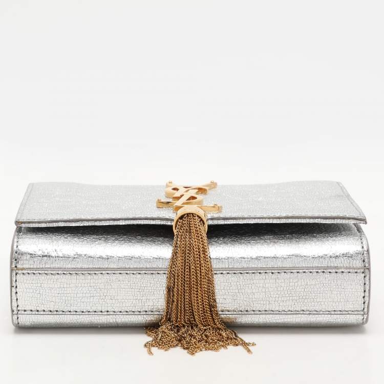 Pre Owned Saint Laurent Silver Textured Leather Small Monogram Kate Shoulder Bag