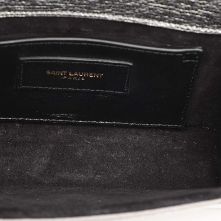 Pre Owned Saint Laurent Silver Textured Leather Small Monogram Kate Shoulder Bag