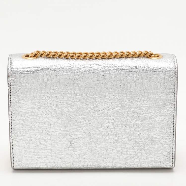 Pre Owned Saint Laurent Silver Textured Leather Small Monogram Kate Shoulder Bag