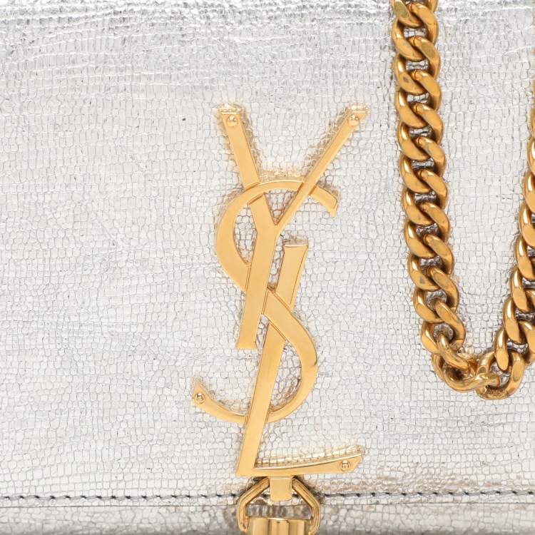 Pre Owned Saint Laurent Silver Textured Leather Small Monogram Kate Shoulder Bag