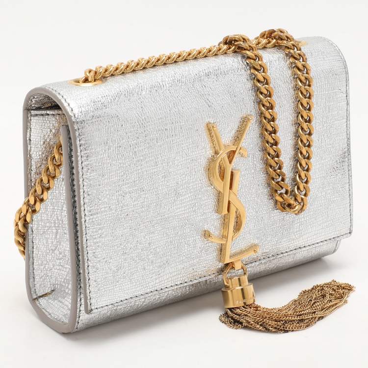 Pre Owned Saint Laurent Silver Textured Leather Small Monogram Kate Shoulder Bag