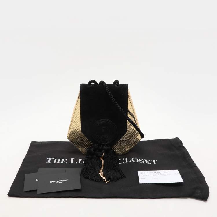 Pre Owned Saint Laurent Gold/Black Snakeskin Embossed Leather and Suede Opium Shoulder Bag