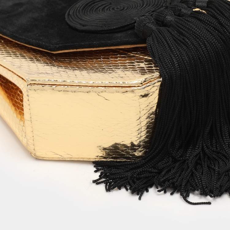 Pre Owned Saint Laurent Gold/Black Snakeskin Embossed Leather and Suede Opium Shoulder Bag