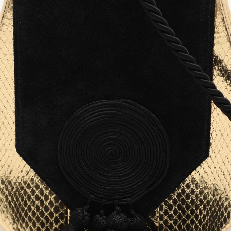 Pre Owned Saint Laurent Gold/Black Snakeskin Embossed Leather and Suede Opium Shoulder Bag