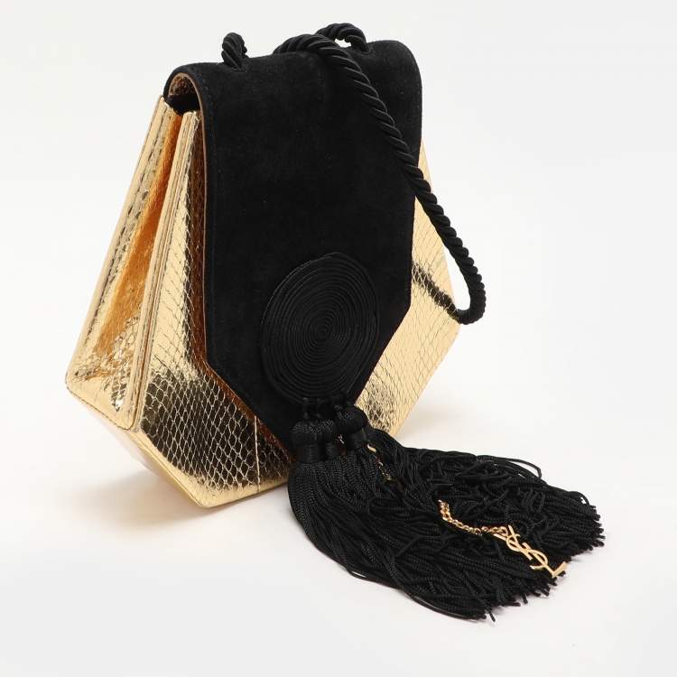 Pre Owned Saint Laurent Gold/Black Snakeskin Embossed Leather and Suede Opium Shoulder Bag
