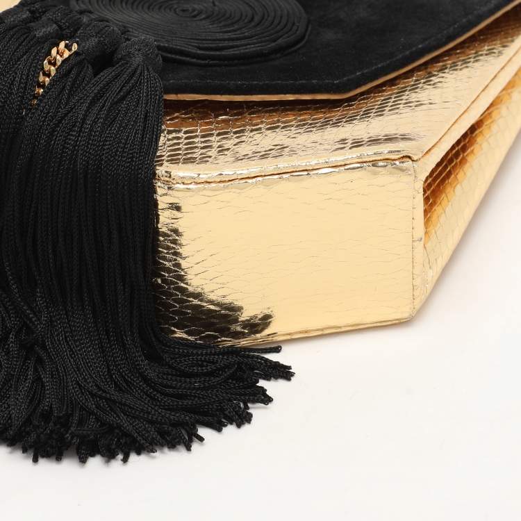 Pre Owned Saint Laurent Gold/Black Snakeskin Embossed Leather and Suede Opium Shoulder Bag