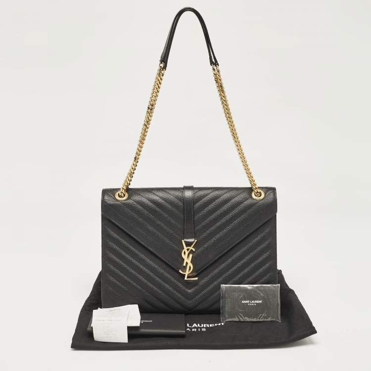 Pre Owned Saint Laurent Black Chevron Leather Large Monogram Envelope Shoulder Bag