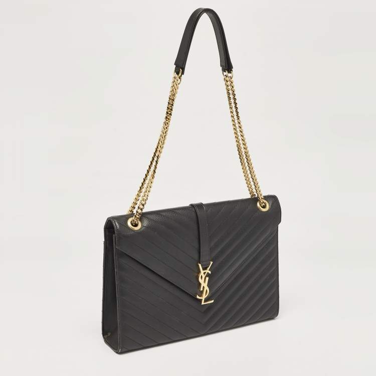 Pre Owned Saint Laurent Black Chevron Leather Large Monogram Envelope Shoulder Bag