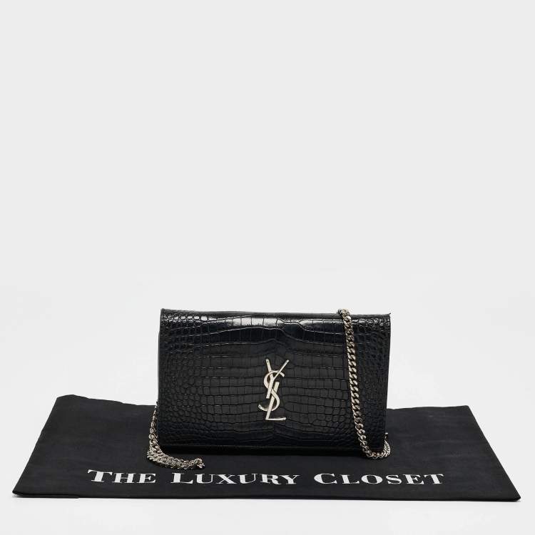 Pre Owned Saint Laurent Black Croc Embossed Leather Monogram Wallet On Chain