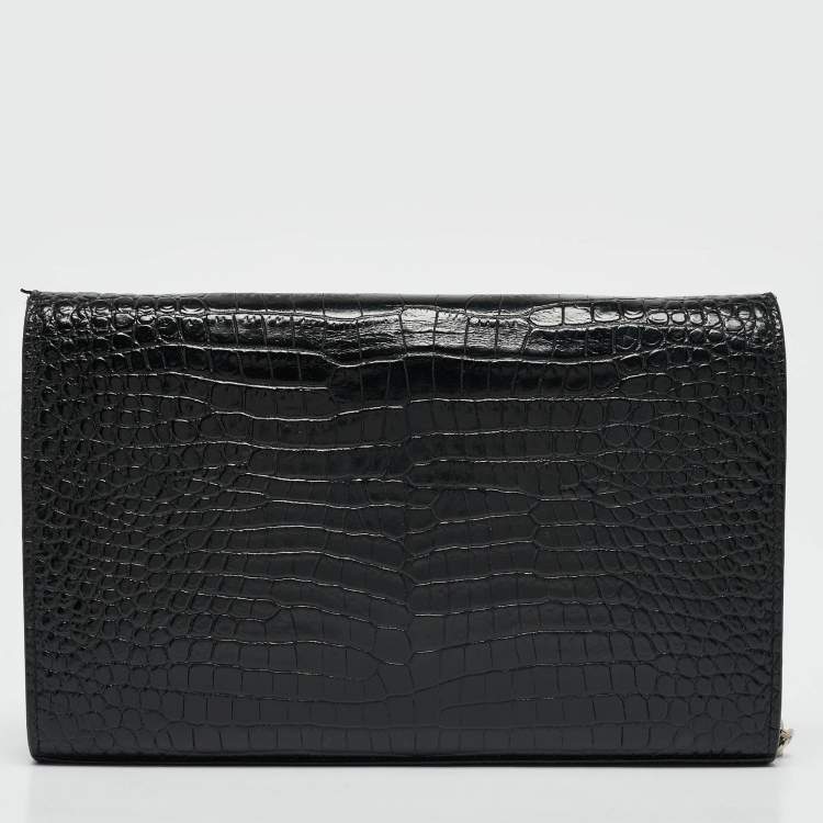 Pre Owned Saint Laurent Black Croc Embossed Leather Monogram Wallet On Chain