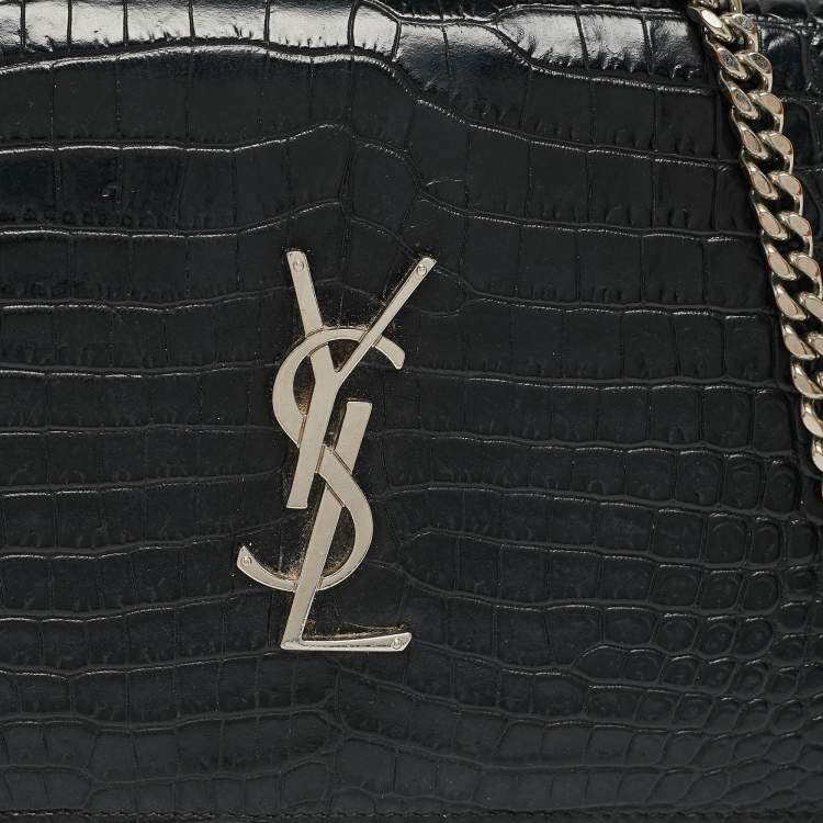 Pre Owned Saint Laurent Black Croc Embossed Leather Monogram Wallet On Chain