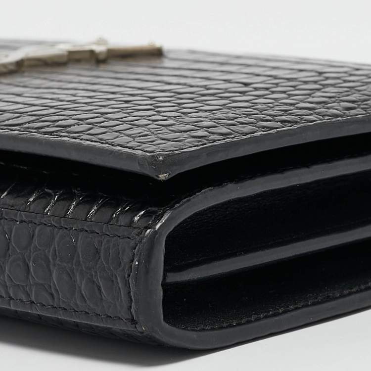 Pre Owned Saint Laurent Black Croc Embossed Leather Monogram Wallet On Chain