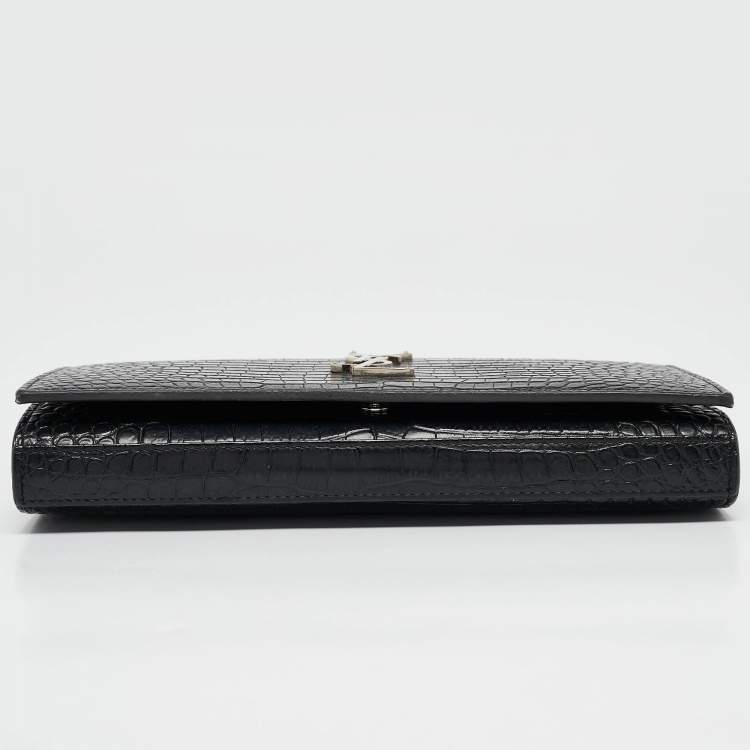 Pre Owned Saint Laurent Black Croc Embossed Leather Monogram Wallet On Chain