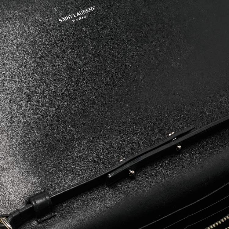 Pre Owned Saint Laurent Black Croc Embossed Leather Monogram Wallet On Chain