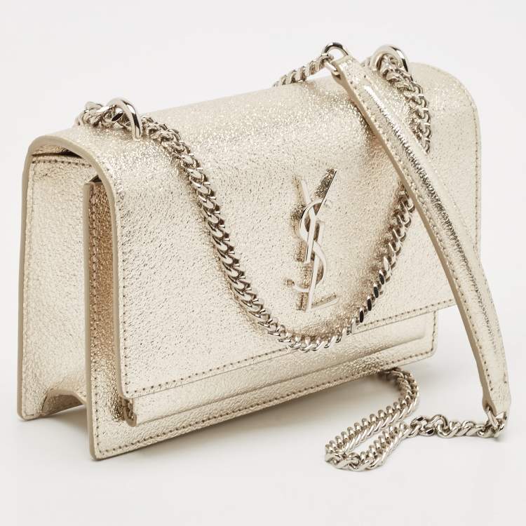 Pre Owned Saint Laurent Gold Textured Leather Mini Sunset Chain Bag