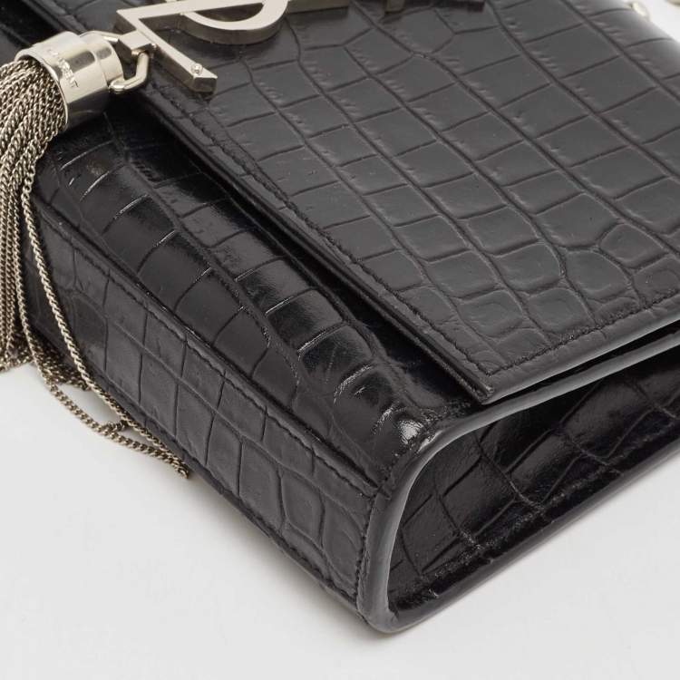 Pre Owned Saint Laurent Black Croc Embossed Leather Small Kate Tassel Shoulder Bag