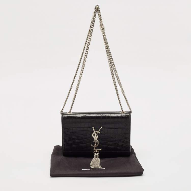 Pre Owned Saint Laurent Black Croc Embossed Leather Small Kate Tassel Shoulder Bag