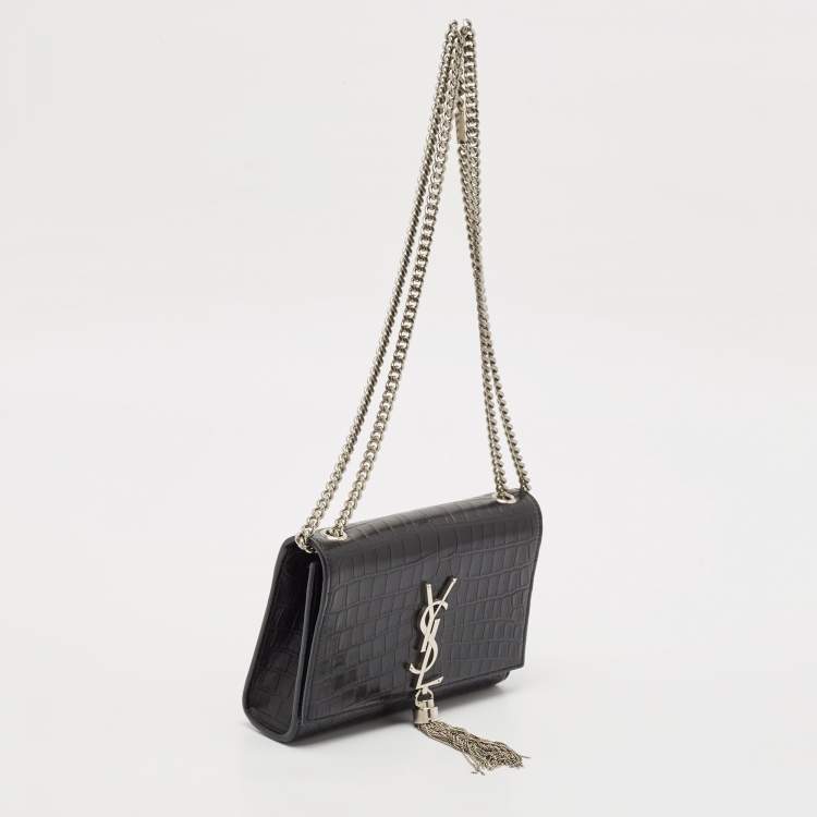 Pre Owned Saint Laurent Black Croc Embossed Leather Small Kate Tassel Shoulder Bag