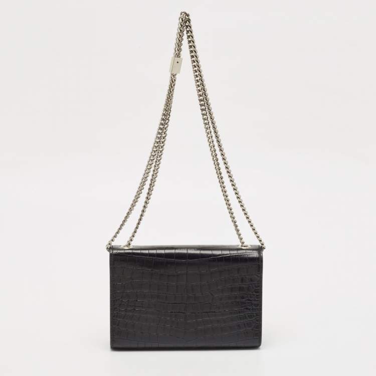 Pre Owned Saint Laurent Black Croc Embossed Leather Small Kate Tassel Shoulder Bag