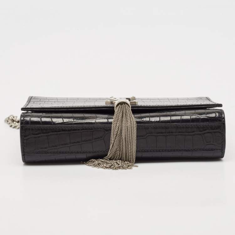 Pre Owned Saint Laurent Black Croc Embossed Leather Small Kate Tassel Shoulder Bag