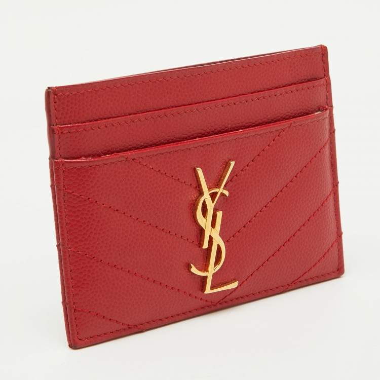 Pre Owned Saint Laurent Red Matelassé Leather Monogram Card Holder