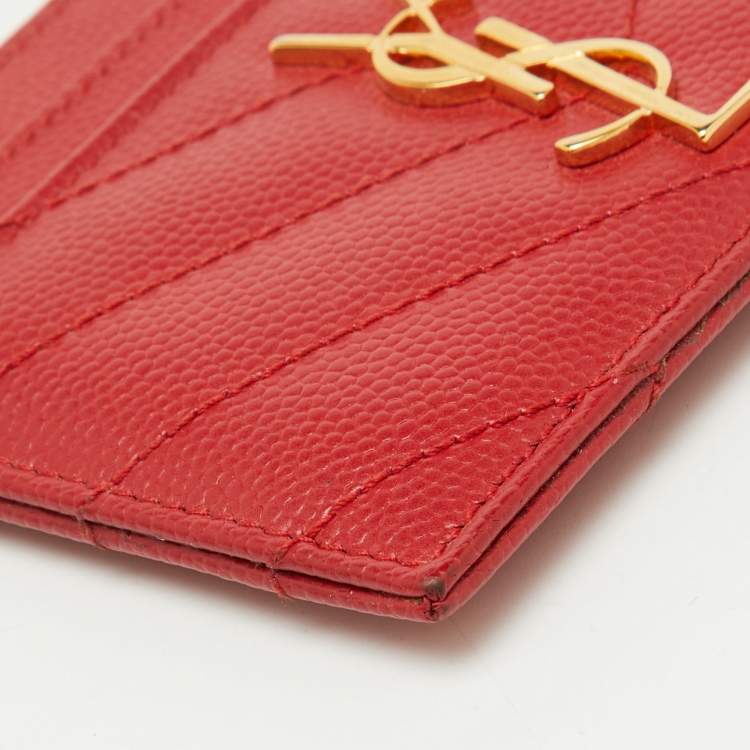 Pre Owned Saint Laurent Red Matelassé Leather Monogram Card Holder