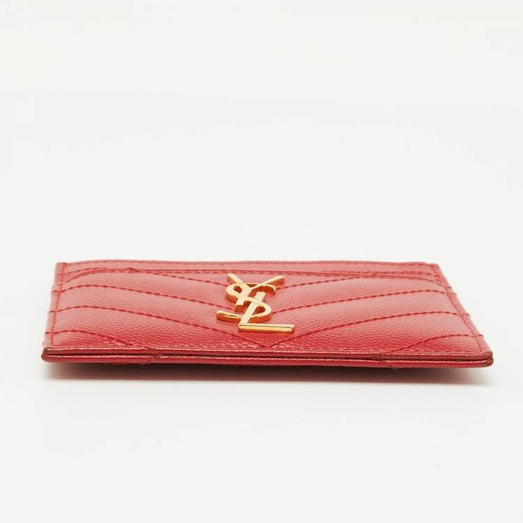 Pre Owned Saint Laurent Red Matelassé Leather Monogram Card Holder