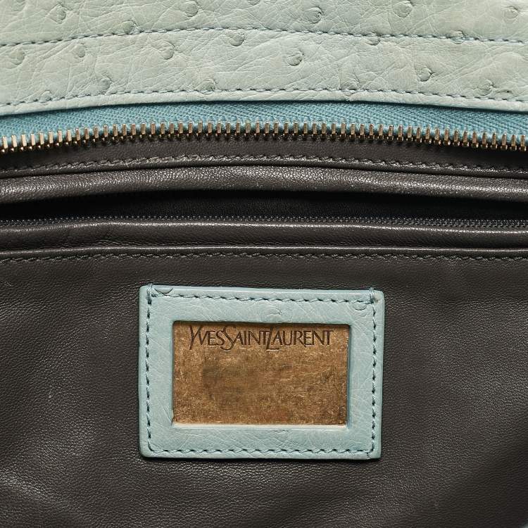 Pre Owned Yves Saint Laurent Light Green Ostrich Leather Small Ligne Y Cabas Chyc Tote