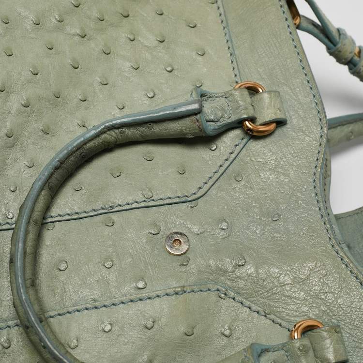 Pre Owned Yves Saint Laurent Light Green Ostrich Leather Small Ligne Y Cabas Chyc Tote