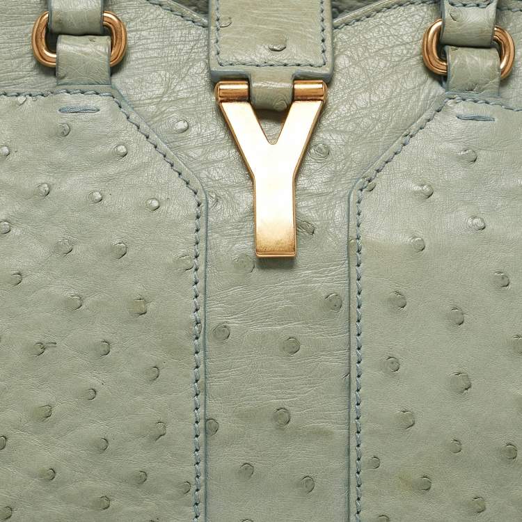 Pre Owned Yves Saint Laurent Light Green Ostrich Leather Small Ligne Y Cabas Chyc Tote
