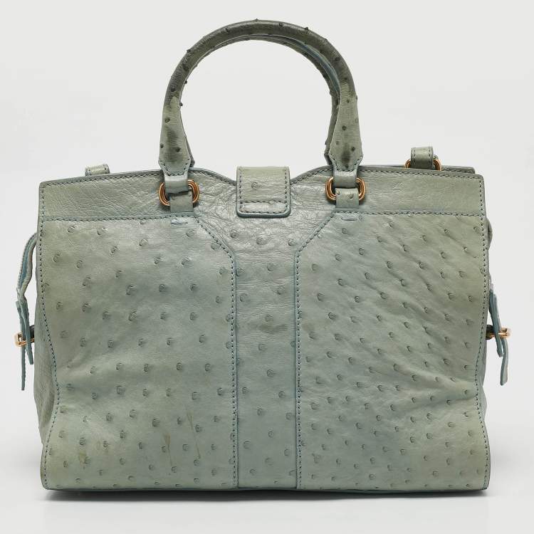 Pre Owned Yves Saint Laurent Light Green Ostrich Leather Small Ligne Y Cabas Chyc Tote
